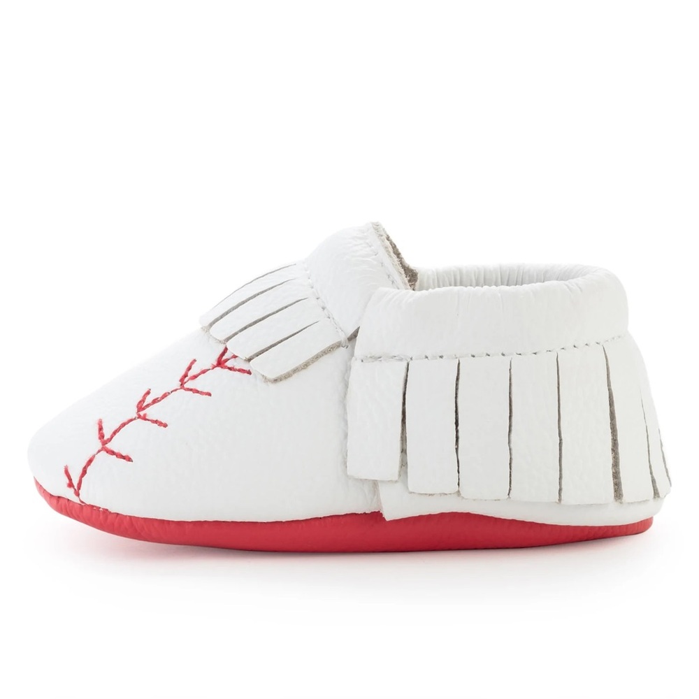 Bird Rock Baby Infant Home Run Moccasins Leather White Red‎ Size 6.5